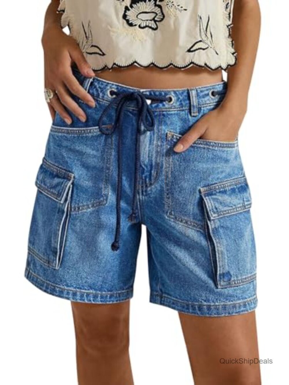 High Rise Drawstring Cargo Jean Shorts for Women Regular Fit Cotton Blend with